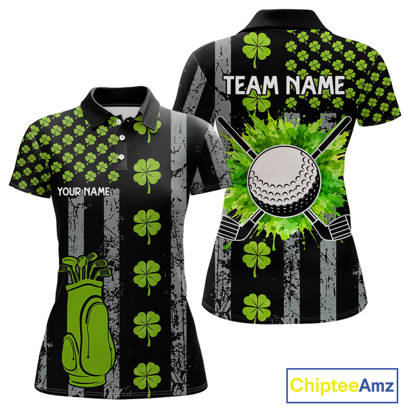 Custom Black Grunge US Flag Green Shamrock St Patrick Golf Polo shirts for Women Patriotic Golf shirt NQS11449
