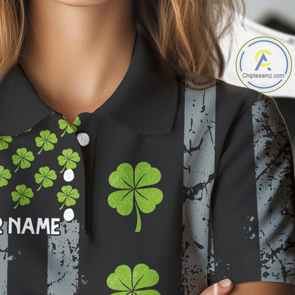 Custom Black Grunge US Flag Green Shamrock St Patrick Golf Polo shirts for Women Patriotic Golf shirt NQS11449