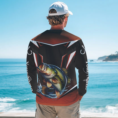 Black and Orange Largemouth Bass Long Sleeve Fishing Shirt, Personalized Bass Fishing Tounament Jersey NQS9681