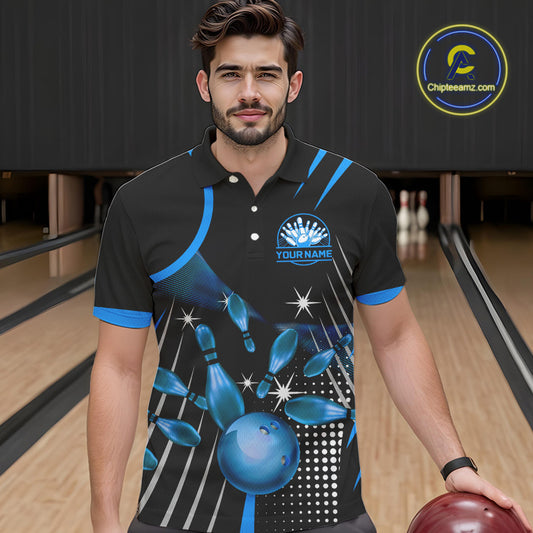 Black and Blue Mens Bowling Polo, Quarter Zip Shirts Custom Bowling outfit men Team Jerseys NQS9956