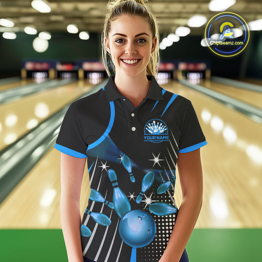 Black and Blue Women Bowling Polo, Quarter Zip Shirts Custom Bowling outfit Women Team Jerseys NQS9956