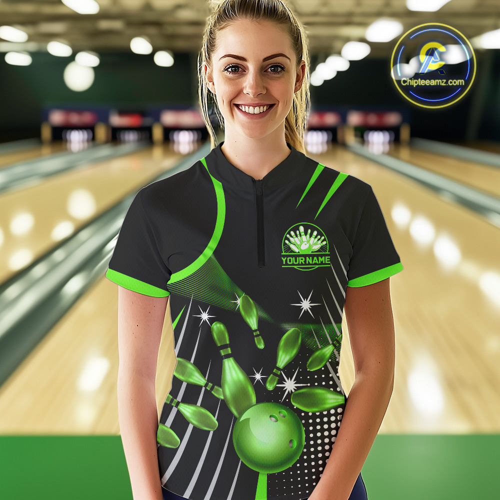 Black and Green Women Bowling Polo, Quarter Zip Shirts Custom Bowling outfit ladies Team Jerseys NQS9957