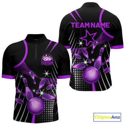 Black and Purple Mens Bowling Polo, Quarter Zip Shirts Custom Bowling outfit men Team Jerseys NQS9958