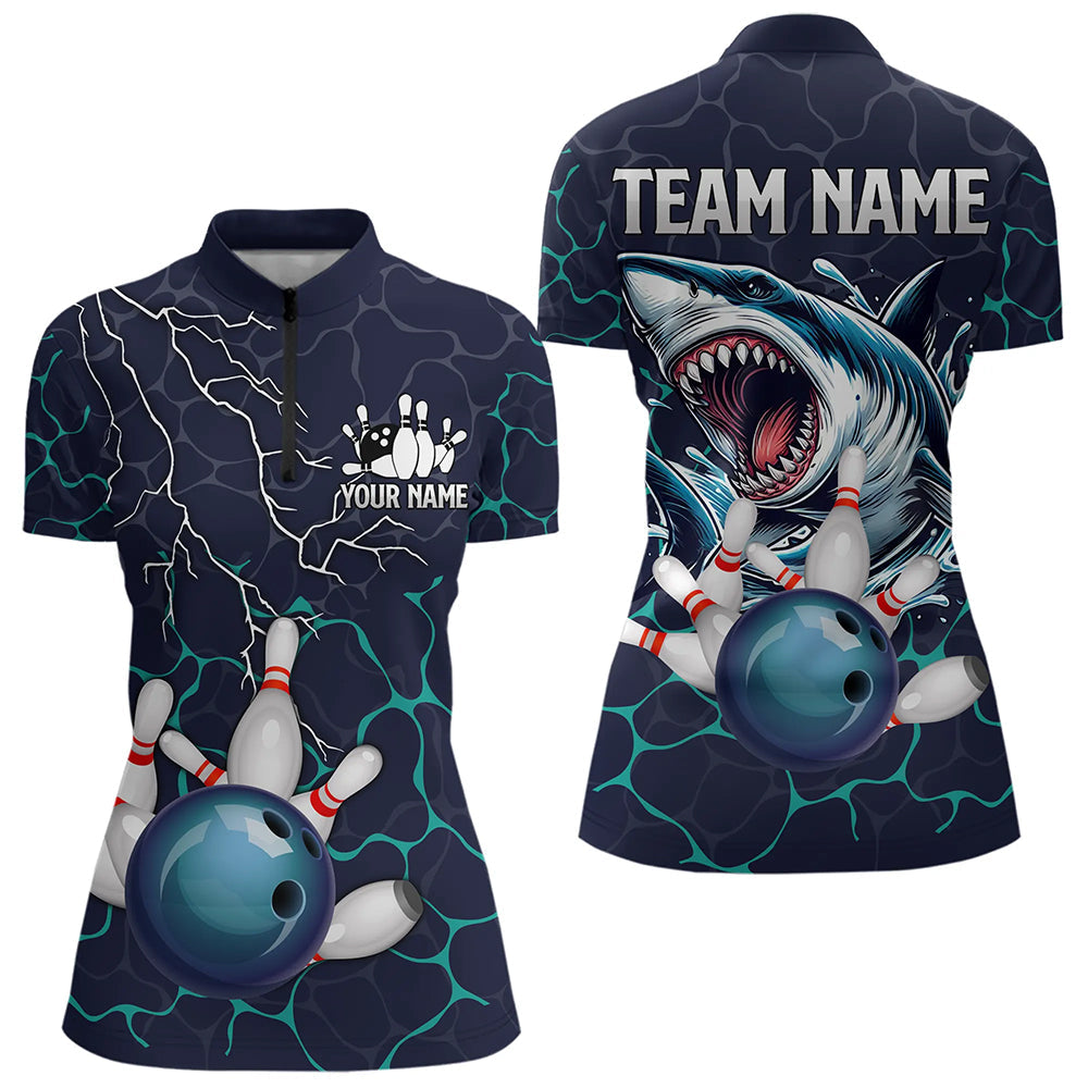 Blue Shark Camo Lightning Thunder Bowling Shirts For Women Custom Bowling Team Shirts, Gift For Bowler NQS9372