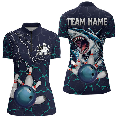 Blue Shark Camo Lightning Thunder Bowling Shirts For Women Custom Bowling Team Shirts, Gift For Bowler NQS9372