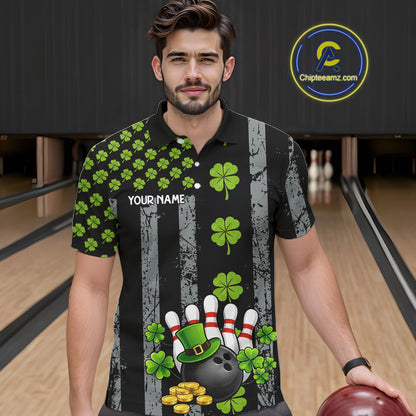 Custom Black Grunge US Flag Green Shamrock St Patrick Bowling polo shirts for men, bowling jersey men NQS11450