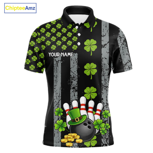 Custom Black Grunge US Flag Green Shamrock St Patrick Bowling polo shirts for men, bowling jersey men NQS11450