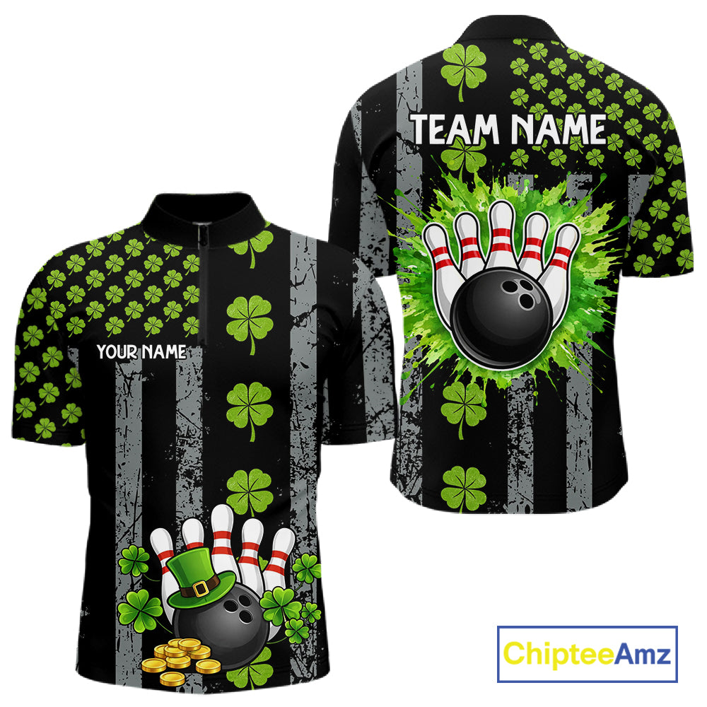 Custom Black Grunge US Flag Green Shamrock St Patrick Bowling polo shirts for men, bowling jersey men NQS11450