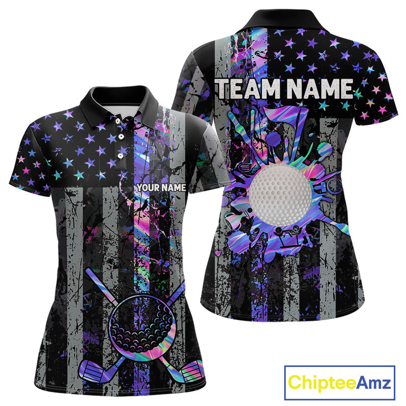 Black American Flag Hologram Womens golf polo shirts Custom patriotic ladies golf tops best golf gift NQS11640