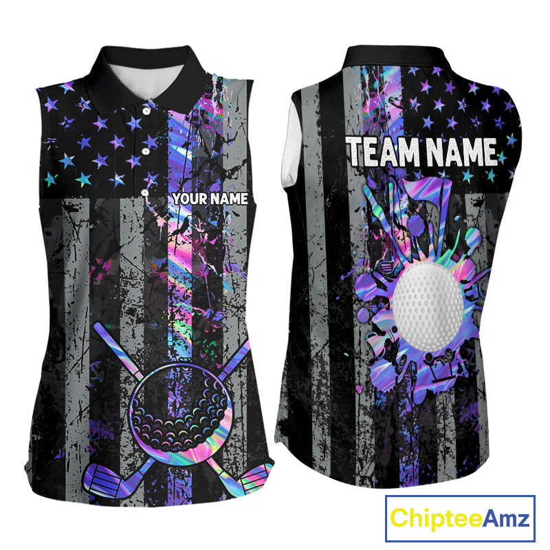 Black American Flag Hologram Women sleeveless polo shirt Custom patriotic ladies golf tops NQS11640