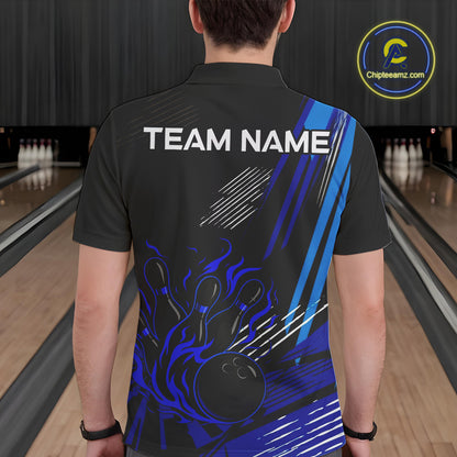 Black and Blue Flame Bowling Polo, Quarter Zip Shirts For Men Custom Bowling Outfit Team Jerseys NQS9962