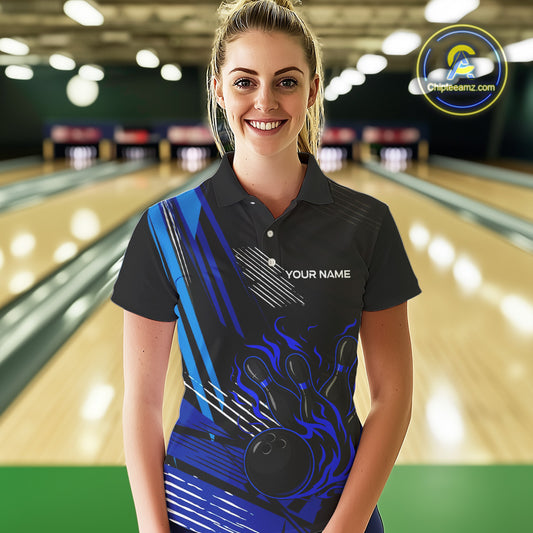 Black and Blue Flame Bowling Polo, Quarter Zip Shirts For Women Custom Bowling Outfit Team Jerseys NQS9962