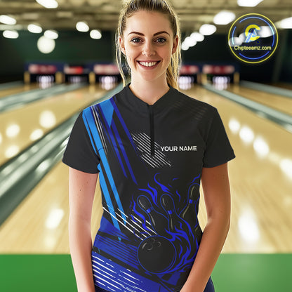 Black and Blue Flame Bowling Polo, Quarter Zip Shirts For Women Custom Bowling Outfit Team Jerseys NQS9962