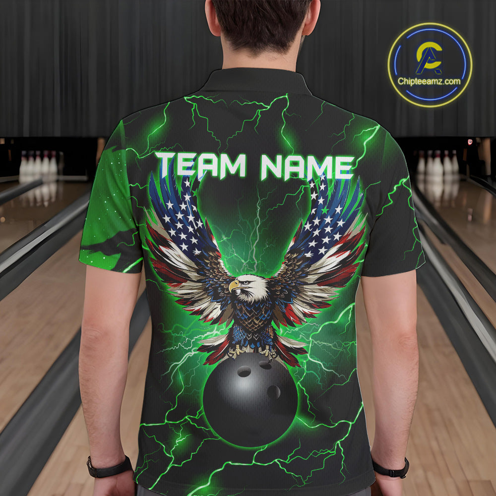 Green lightning thunder bowling American flag Eagle custom Mens Bowling Polo, Quarter Zip Shirts NQS10111