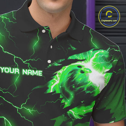 Green lightning thunder bowling American flag Eagle custom Mens Bowling Polo, Quarter Zip Shirts NQS10111
