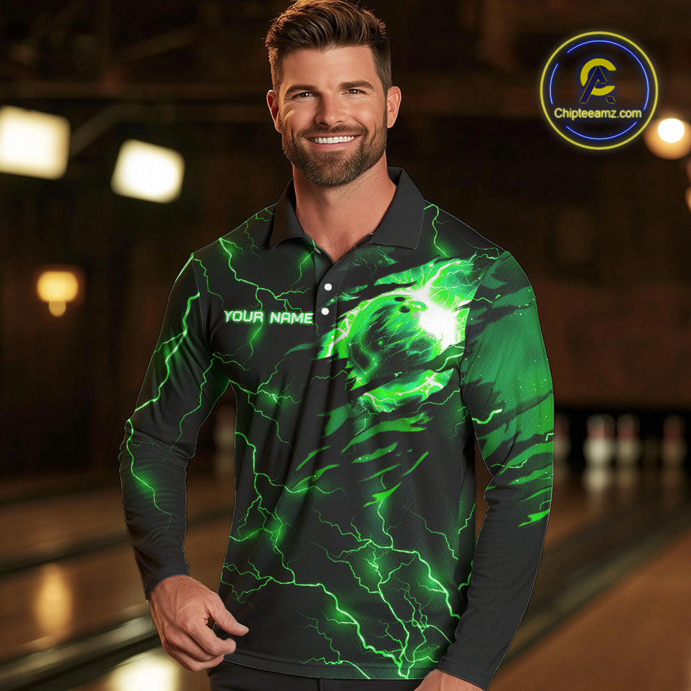 Green lightning thunder bowling American flag Eagle custom Mens Bowling Polo, Quarter Zip Shirts NQS10111