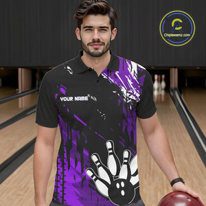 Black and Purple Mens bowling shirts Custom retro bowling ball and pins bowling team league jerseys NQS10642