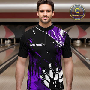 Black and Purple Mens bowling shirts Custom retro bowling ball and pins bowling team league jerseys NQS10642