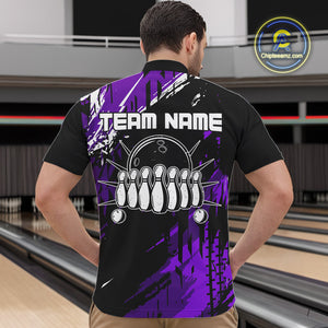 Black and Purple Mens bowling shirts Custom retro bowling ball and pins bowling team league jerseys NQS10642