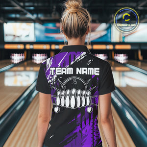 Black and Purple Women bowling shirts Custom retro bowling ball and pins bowling team league jerseys NQS10642