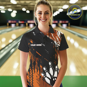 Black and Orange Women bowling shirts Custom retro bowling ball and pins bowling team league jerseys NQS10643