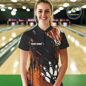 Black and Orange Women bowling shirts Custom retro bowling ball and pins bowling team league jerseys NQS10643