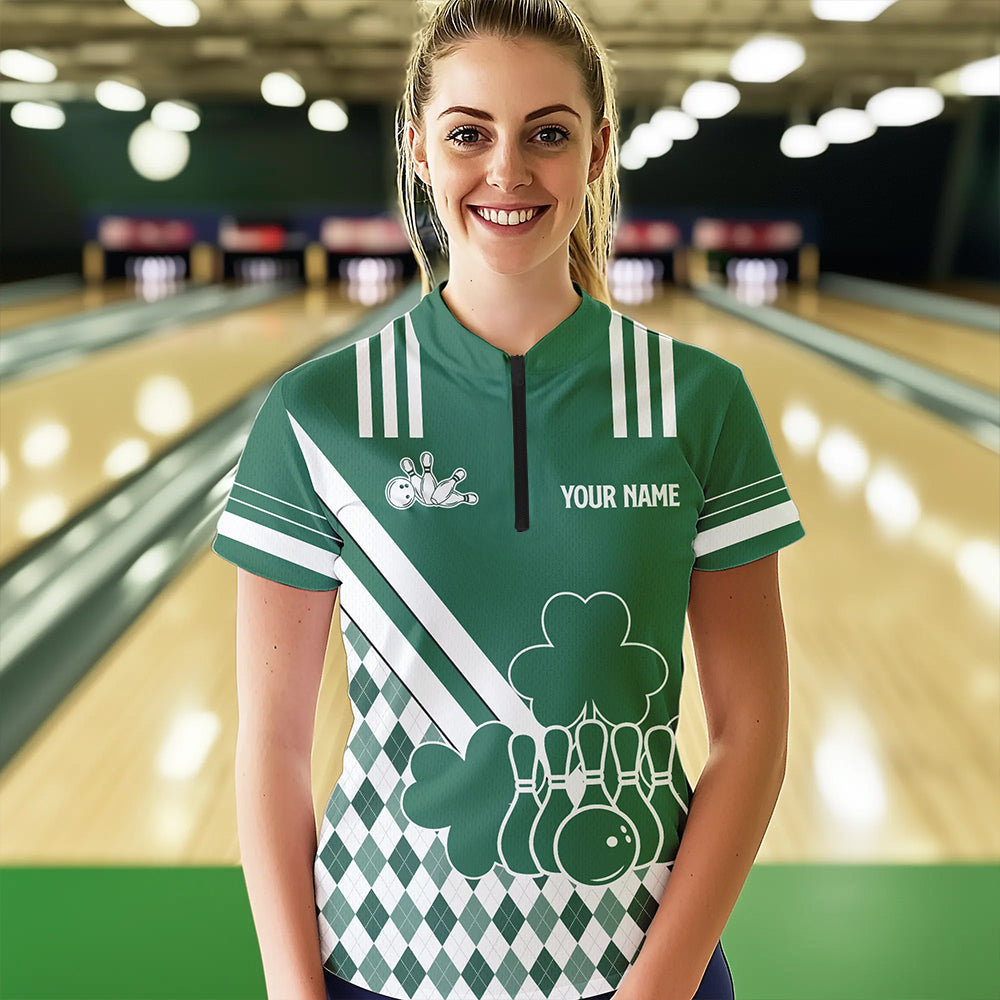 Green & White argyle pattern shamrock St Patrick's Day Women bowling shirts Custom Bowling Team Jersey NQS9383