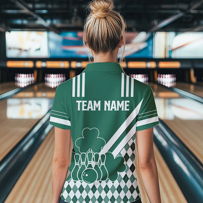 Green & White argyle pattern shamrock St Patrick's Day Women bowling shirts Custom Bowling Team Jersey NQS9383