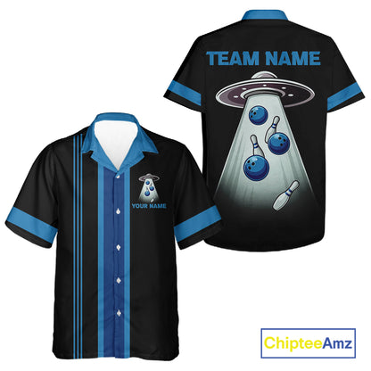 Black and Blue ufo alien Retro Bowling Hawaiian shirt Custom Bowling Team button up shirt NQS11462