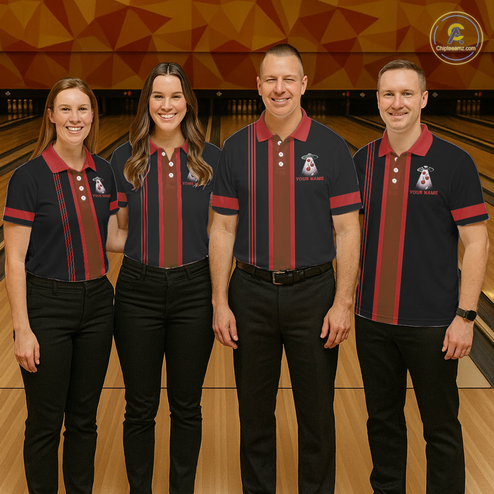 Black and Red ufo alien Retro Bowling Polo, Quarter Zip Shirts for men Custom Bowling Team Jersey NQS11463