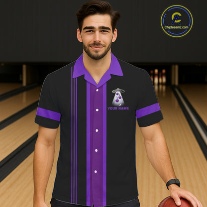 Black and Purple ufo alien Retro Bowling Hawaiian shirt Custom Bowling Team button up shirt NQS11464