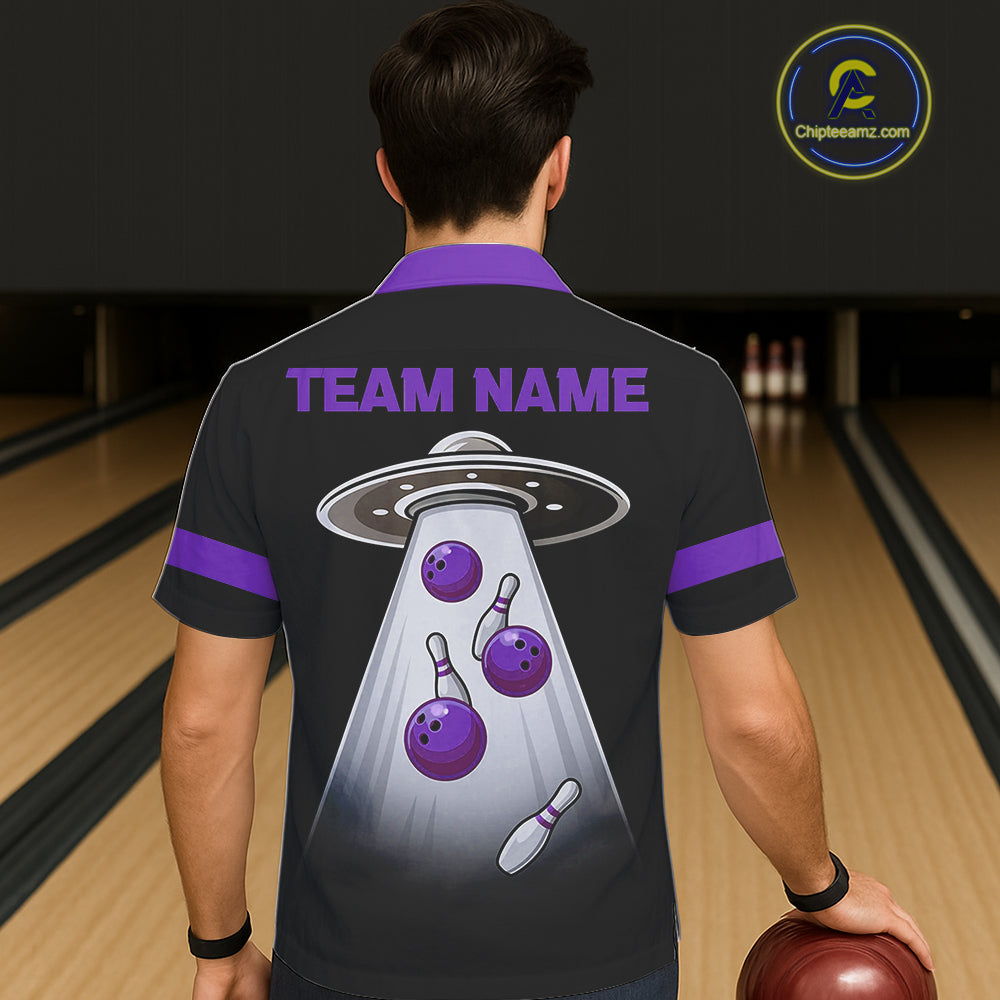 Black and Purple ufo alien Retro Bowling Hawaiian shirt Custom Bowling Team button up shirt NQS11464