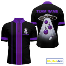 Load image into Gallery viewer, Black and Purple ufo alien Retro Bowling Polo, Quarter Zip Shirts for men Custom Bowling Team Jersey NQS11464
