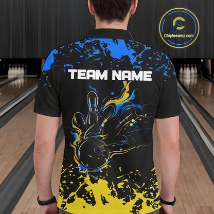 Personalized Black, Blue & Yellow Bowling Shirts For Men, Bowling Balls And Pins Bowling Team Shirts NQS11465