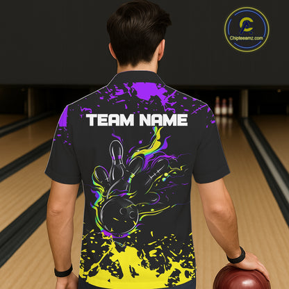 Personalized Black, Purple and Yellow Bowling Hawaiian Shirt, Bowling Ball & Pins Bowling Team Shirts NQS11466