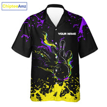 Load image into Gallery viewer, Personalized Black, Purple and Yellow Bowling Hawaiian Shirt, Bowling Ball &amp; Pins Bowling Team Shirts NQS11466