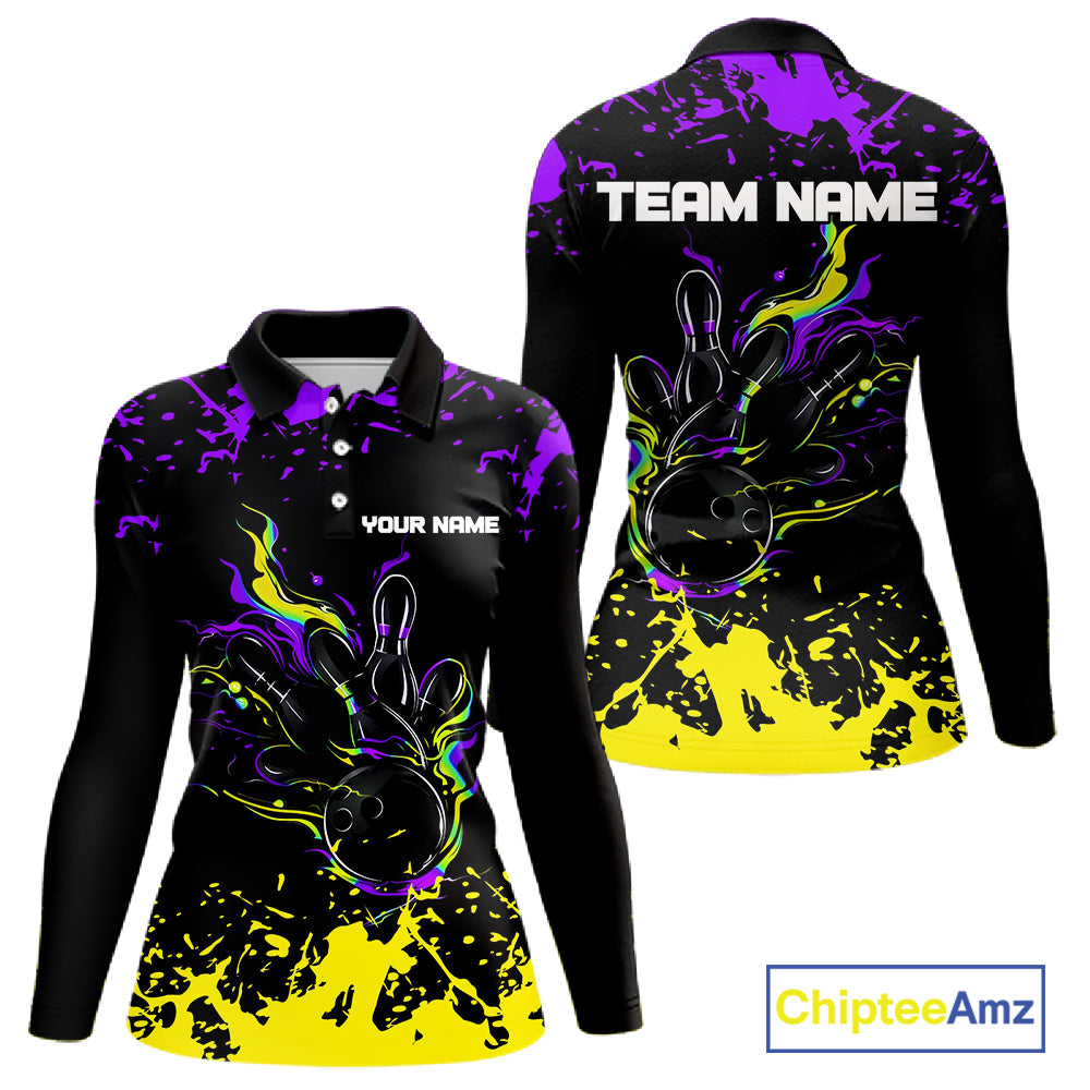 Personalized Black, Purple & Yellow Bowling Shirts For Women, Bowling Balls & Pins Bowling Team Shirt NQS11466