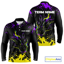 Load image into Gallery viewer, Personalized Black, Purple &amp; Yellow Bowling Shirts For Men, Bowling Balls And Pins Bowling Team Shirt NQS11466