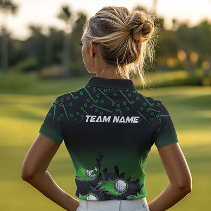 Black and Green Flame golf ball pattern Women golf polo shirts Customize team golf attire for women NQS9524