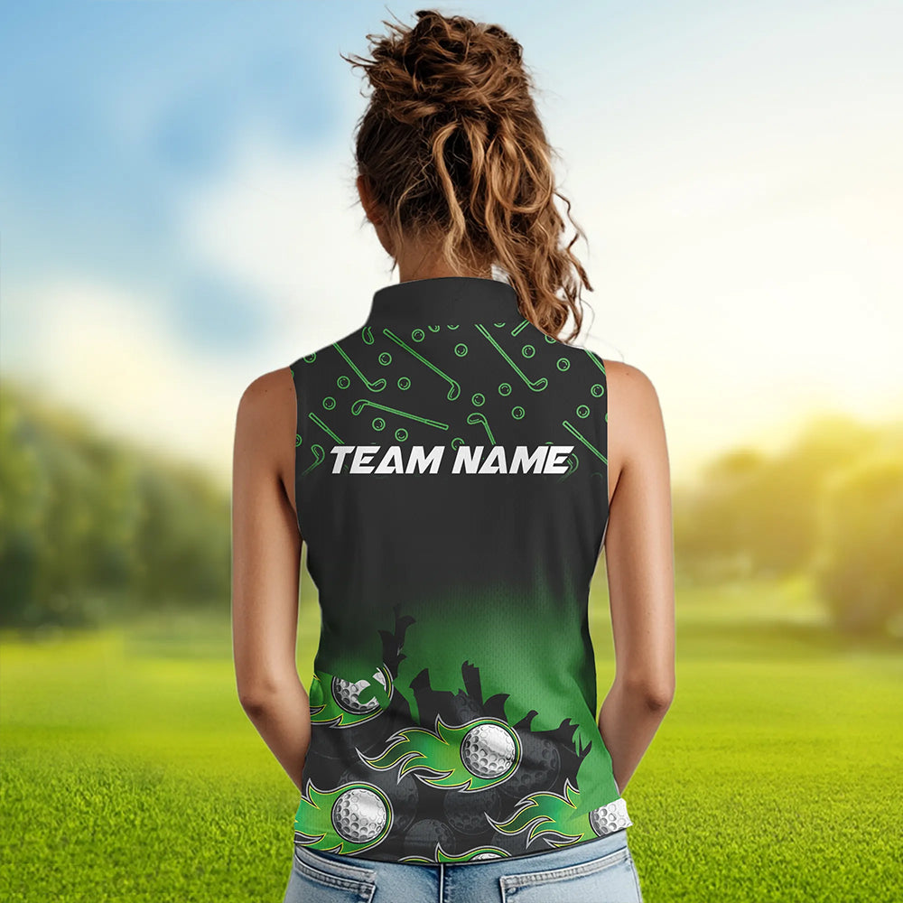 Black and Green Flame golf ball pattern Women sleeveless polo shirt Custom team golf attire for women NQS9524