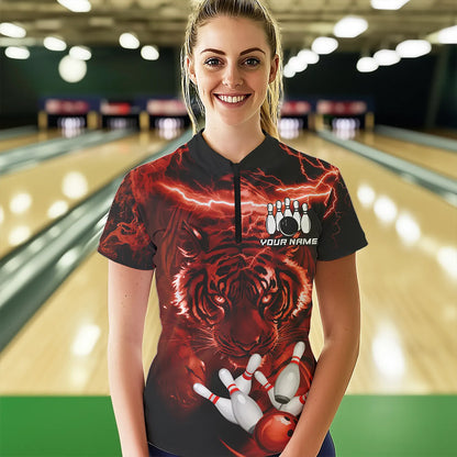 Personalized Red Lightning Thunder Storm Tiger Bowling Shirts For Women Custom Bowling Team Jerseys NQS9683