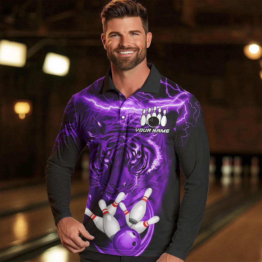 Personalized Purple Lightning Thunder Storm Tiger Bowling Shirts For Men Custom Bowling Team Jerseys NQS9684