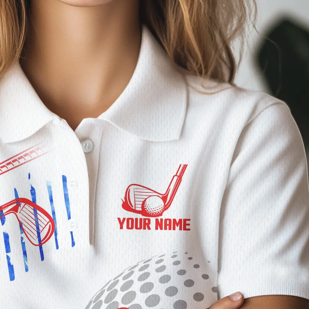 Red, White and Blue American Flag Golf Polo Shirt For Women Custom Patriotic Golf Shirts Golfer Outfit NQS9690