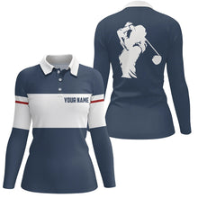 Load image into Gallery viewer, Blue and white Womens golf polo shirts custom golf attire for women, cool golf gifts NQS7825