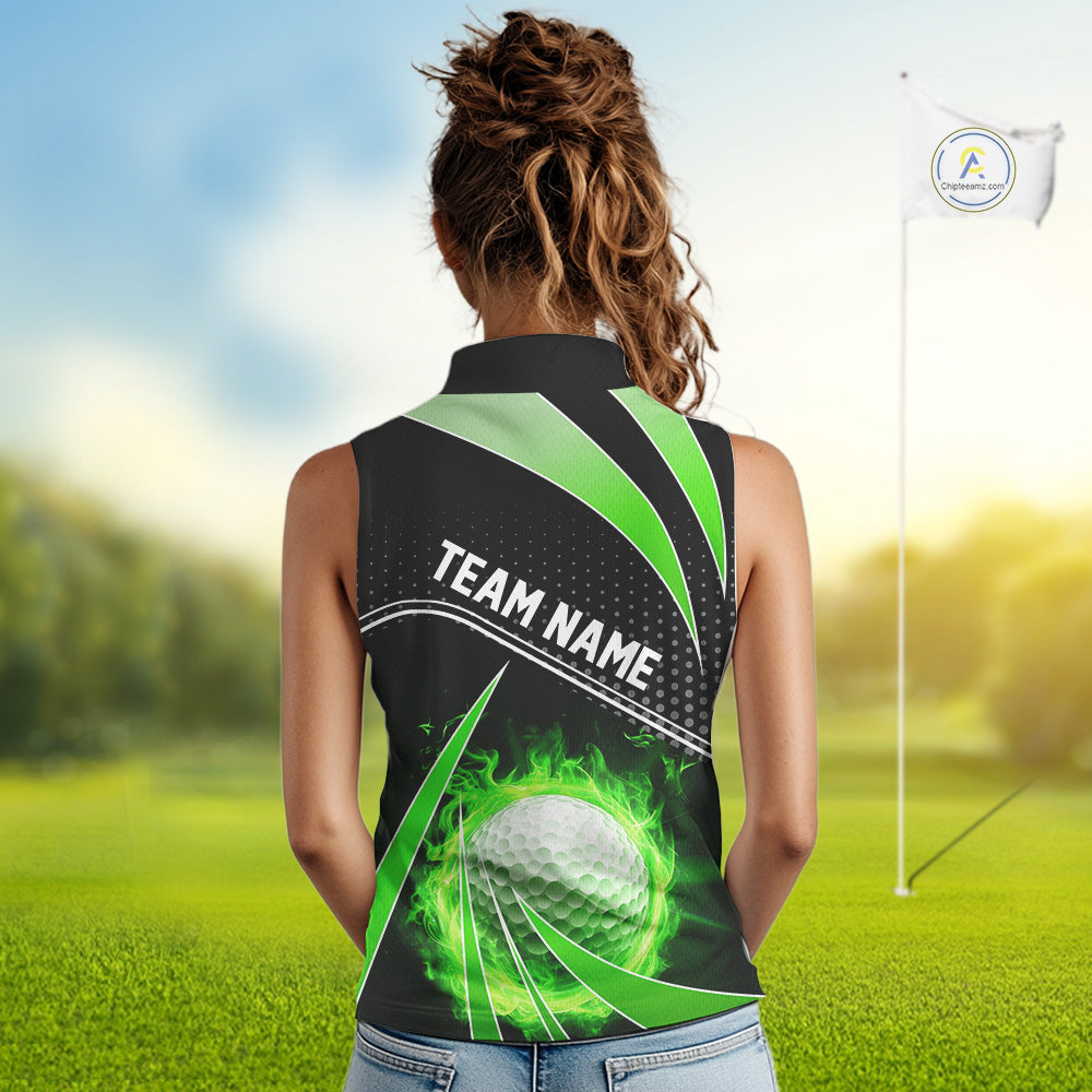 Black and Green Fire golf ball custom Women sleeveless polo shirt, personalized golf outfits for team NQS10123