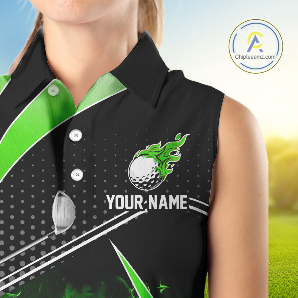 Black and Green Fire golf ball custom Women sleeveless polo shirt, personalized golf outfits for team NQS10123