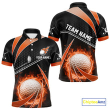 Load image into Gallery viewer, Black and Orange Fire golf ball custom Men golf polo shirts, personalized golf outfits for team men NQS10124