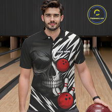 Load image into Gallery viewer, Black and White Skull Bowling Polo, Quarter Zip shirts for Men Custom Skull Team Bowling Jerseys NQS10261
