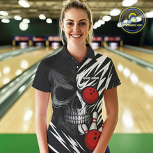 Load image into Gallery viewer, Black and White Skull Bowling Polo, Quarter Zip shirts for Women Custom Skull Team Bowling Jerseys NQS10261