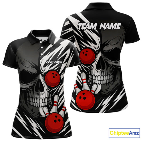 Black and White Skull Bowling Polo, Quarter Zip shirts for Women Custom Skull Team Bowling Jerseys NQS10261